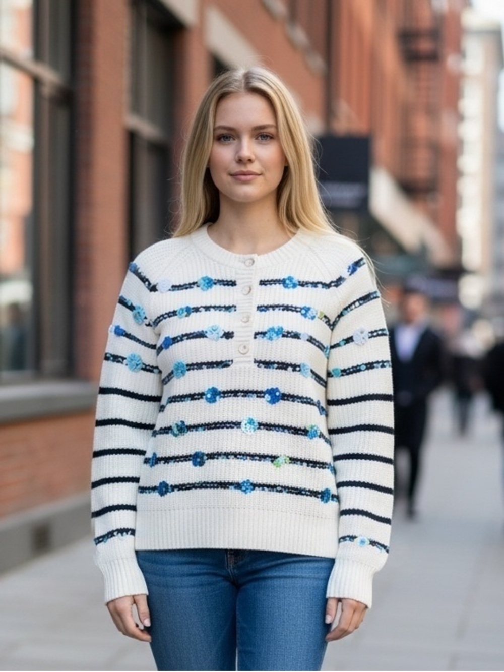 Vjera V White Striped Sweater with Blue Sequin and Embellishments size S